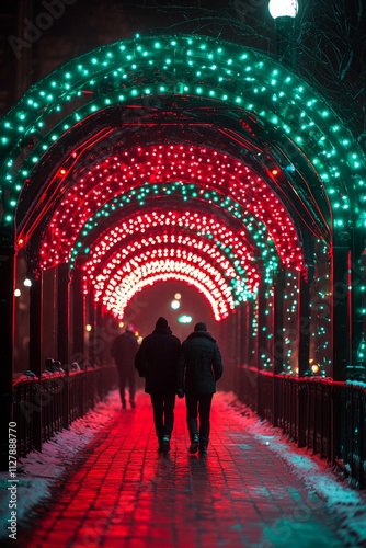 A city bridge with bright red and green lights glowing for the holiday season, pedestrians walk under the glow, Generative AI
