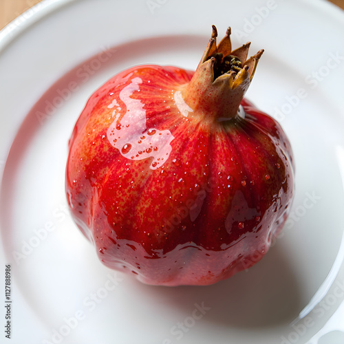 Fresh pomegranate with glistening drops on a white plate, capturing the juicy essence of nature s gem, photography of still life concept. photo