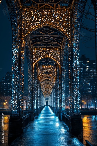 A city bridge with intricate light patterns decorating its supports, the lights reflect on the river, creating, Generative AI 