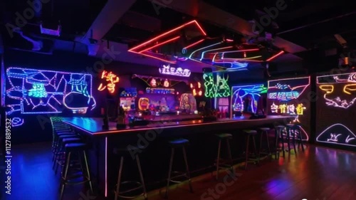 Sound speaker in neon light video. Modern hi-fi loudspeaker against black background. Sound audio equipment with neon lights video. Dynamic sub monitor close up video