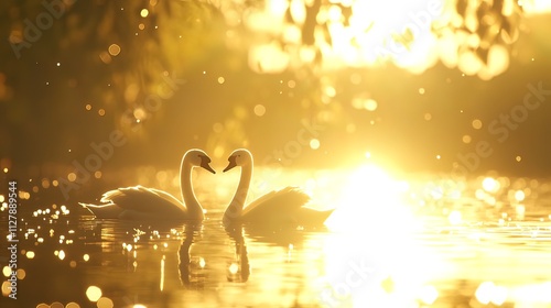 Fototapeta Naklejka Na Ścianę i Meble -  Two swans in a heart shape on a lake at sunset.