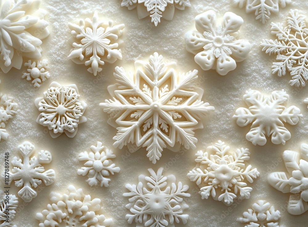 An elegant arrangement of white snowflake patterns on a cream background, perfect for winter-themed designs, holiday cards, or tranquil decor during the festive season. An elegant arrangement of white snowflake patterns on a cream background, perfect for winter-themed designs, holiday cards, or tranquil decor during the festive season.