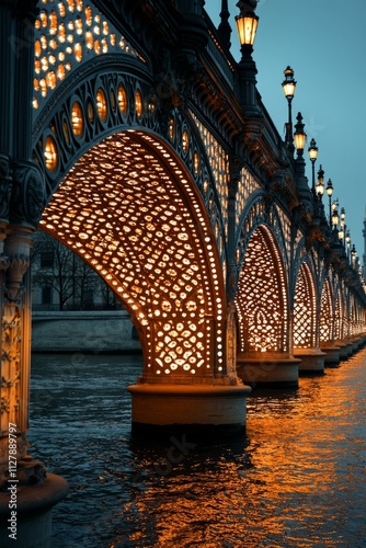 A city bridge with intricate light patterns decorating its supports, the lights reflect on the river, creating, Generative AI 