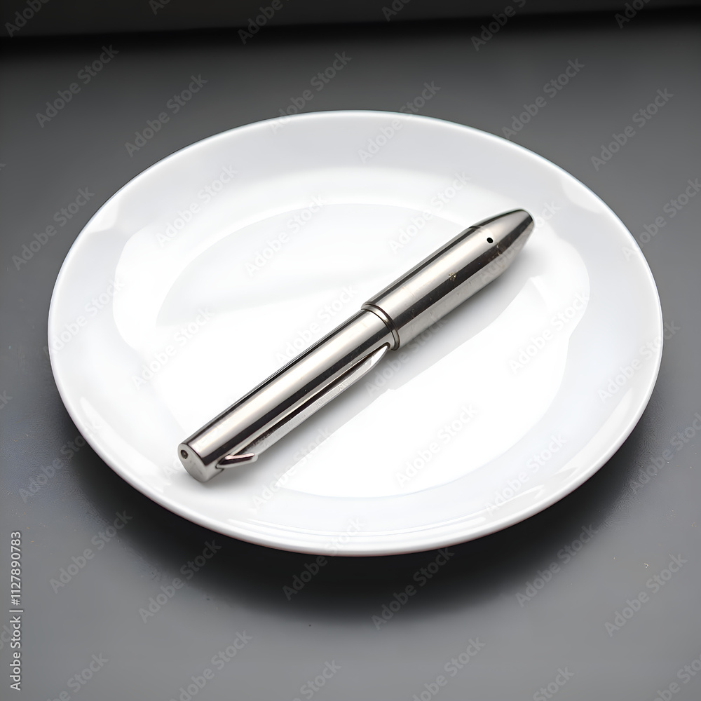 Sleek silver pen resting on a simple white plate against a neutral background, photography of still life concept. Sleek silver pen resting on a simple white plate against a neutral background, photography of still life concept.
