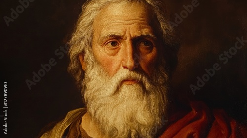 Oil painting; aged man, long white beard.
