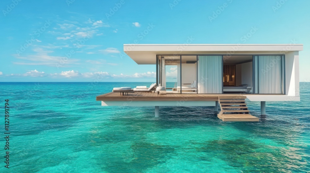 Fototapeta premium Modern floating house over clear turquoise water.