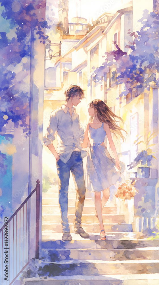 Fototapeta premium 地中海の街並みを歩くカップルのイラスト｜ロマンチック｜夏｜光と影｜デート