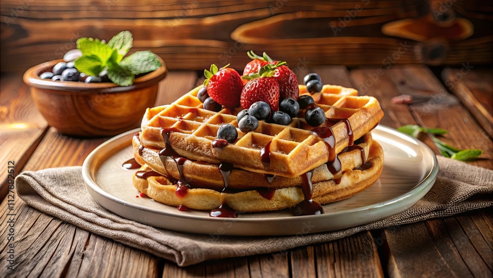 Delicious golden waffles topped with fresh berries and chocolate sauce on a rustic wooden table Delicious golden waffles topped with fresh berries and chocolate sauce on a rustic wooden table