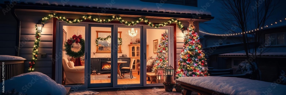 Cozy apartment with sliding doors and a beautifully decorated Christmas tree on the patio under a blanket of snowy winter night, perfect for a festive holiday setting, cozy apartment, winter night Cozy apartment with sliding doors and a beautifully decorated Christmas tree on the patio under a blanket of snowy winter night, perfect for a festive holiday setting, cozy apartment, winter night