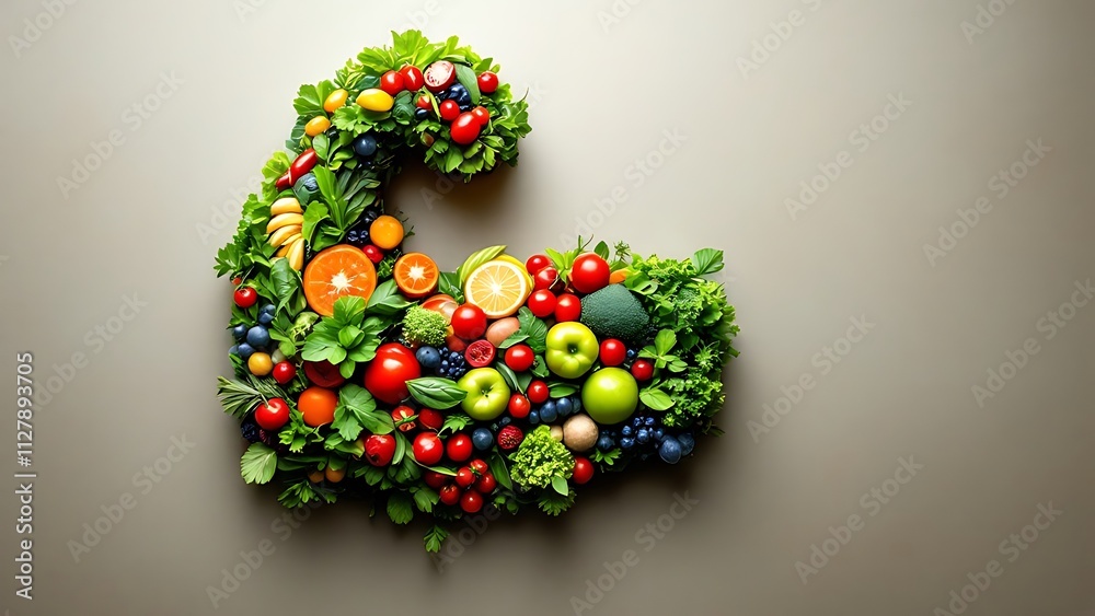 Fruit And Vegetables Power as a symbol of the powerful nutrition with natural minerals and vitamins from fresh produce as a concept for vegan and vegetarian fitness and dietary detox. Fruit And Vegetables Power as a symbol of the powerful nutrition with natural minerals and vitamins from fresh produce as a concept for vegan and vegetarian fitness and dietary detox.