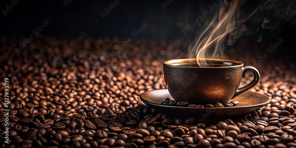 Aromatic Dark Roast Coffee in a Rustic Mug Resting on Roasted Beans Aromatic Dark Roast Coffee in a Rustic Mug Resting on Roasted Beans
