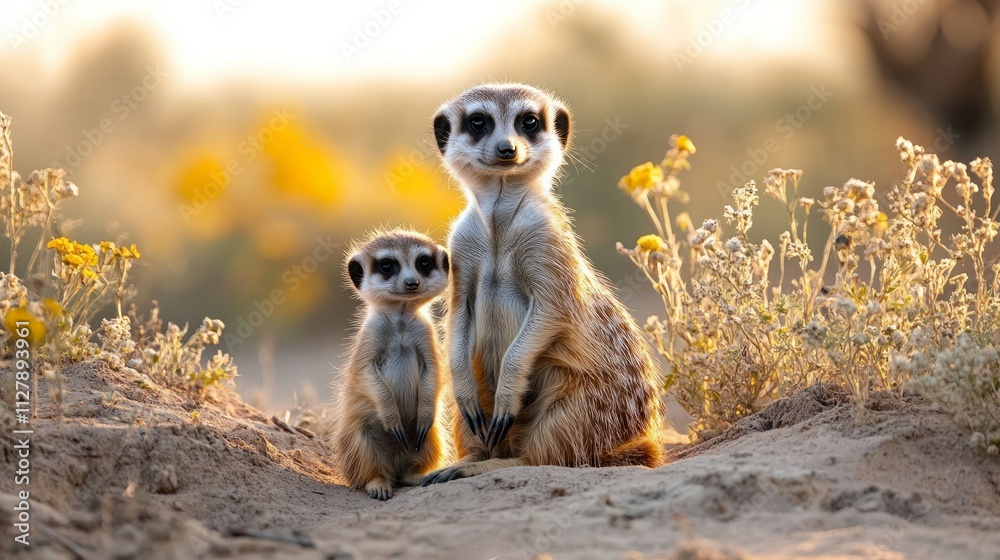Fototapeta premium Two meerkats, adult and pup, sitting together in golden sunlight.