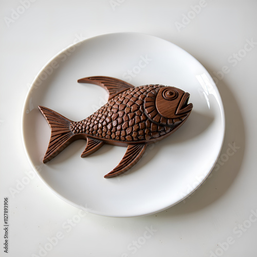 Elegant wooden fish sculpture displayed on a minimalistic plate for home d cor inspiration, photography of still life concept. photo