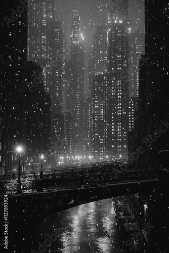 A tall city bridge with twinkling lights in the evening, surrounded by tall buildings, the lights create a beau, Generative AI