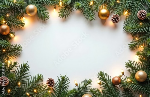 Christmas tree branches with warm lights create frame on white background. Soft muted green, yellow tones. Decorative ornaments. Peaceful holiday atmosphere. Image perfect for greeting cards,