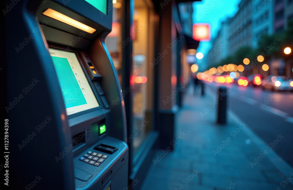 Fototapeta premium Glowing atm machine on city street at night. Urban scene at twilight. Financial tech. Street light bokeh in background. Night time transaction. Modern ATM. City life. Night life. Financial district.