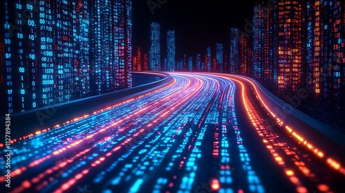 Futuristic city road with glowing digital code.