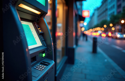 Glowing atm machine on city street at night. Urban scene at twilight. Financial tech. Street light bokeh in background. Night time transaction. Modern ATM. City life. Night life. Financial district. photo