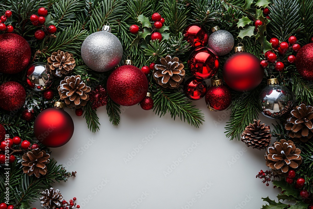 A vibrant Christmas foliage frame featuring red and silver baubles, pine cones, and sprigs of evergreen, perfect for seasonal advertisements and festive greetings. A vibrant Christmas foliage frame featuring red and silver baubles, pine cones, and sprigs of evergreen, perfect for seasonal advertisements and festive greetings.