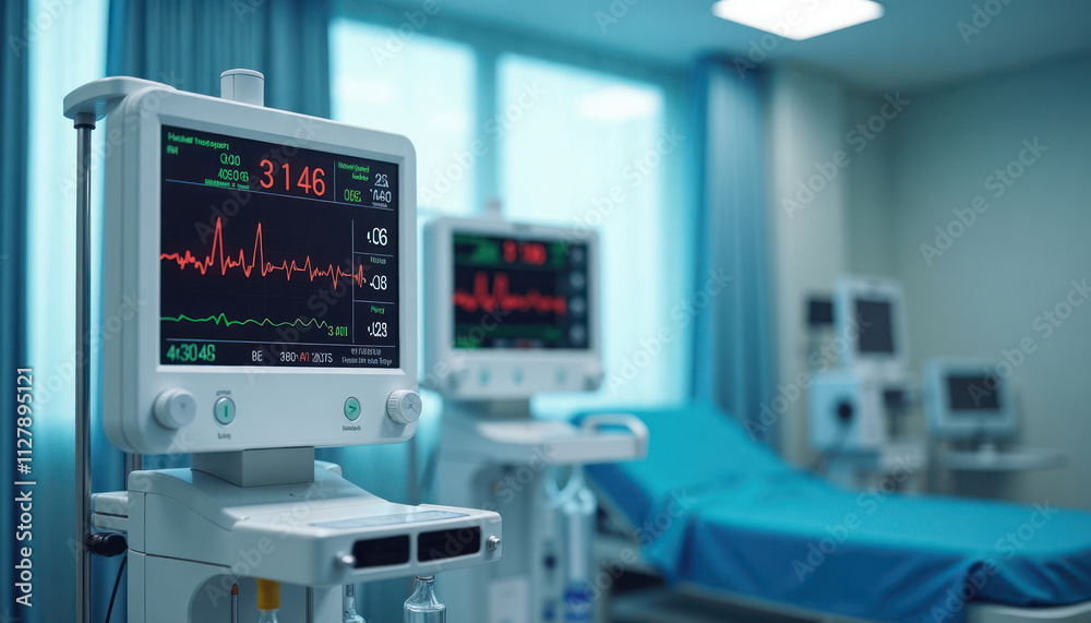Modern medical equipment close-up in hospital room. Heart rate monitor, IV drip stand visible. Patient care, tech innovations shown. Hospital tech, healthcare in focus. Medical devices in use in