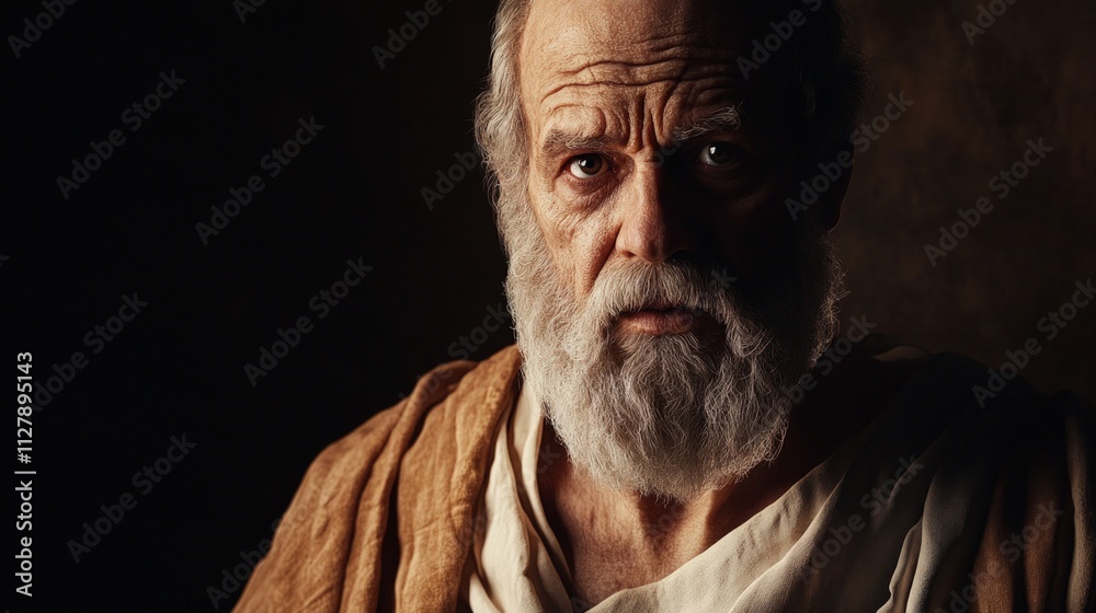 Here's a 10-word description: Aged man, long beard, somber gaze, Here's a 10-word description: Aged man, long beard, somber gaze,