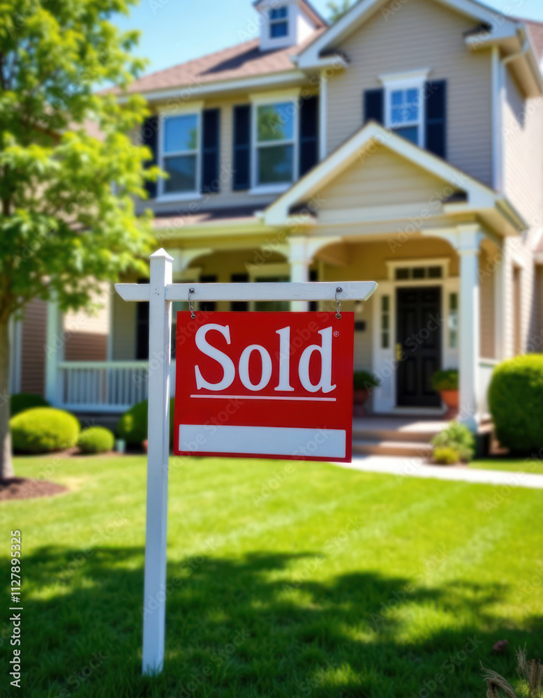 Naklejka premium Sold sign in front of house. Real estate transaction complete. Suburban home on manicured lawn. Summer day. Property listing successfully concluded. New owners. Successful real estate sale. Home,