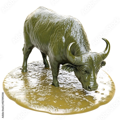A clean white-style image of A photorealistic image of a buffalo wallowing in a muddy pool. 