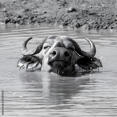 A clean white-style image of A photorealistic image of a buffalo wallowing in a muddy pool. 