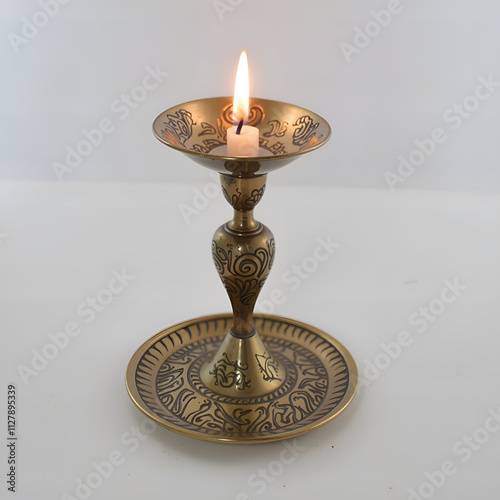 Beautifully crafted candle stand with glowing flame and intricate designs in a minimalist setting, photography of still life concept. photo