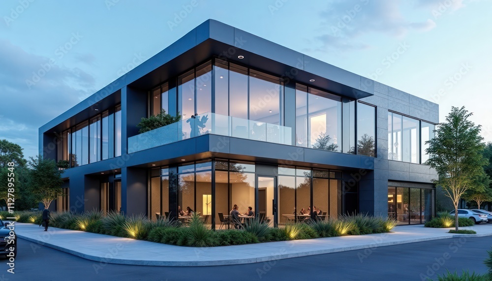 Modern office building with sleek design. Exterior blue, grey. Natural light, green spaces visible. People inside building on balcony. Business people in open area. Stylish contemporary commercial Modern office building with sleek design. Exterior blue, grey. Natural light, green spaces visible. People inside building on balcony. Business people in open area. Stylish contemporary commercial