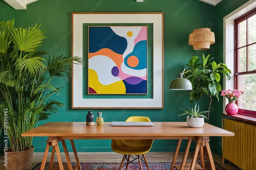 Fototapeta premium Eco-Friendly Workspace with Expressive Gallery Frames for Vibrant Home Aesthetics