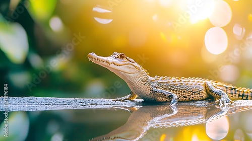 A clean white-style image of A photorealistic image of a crocodile basking in the sun. 