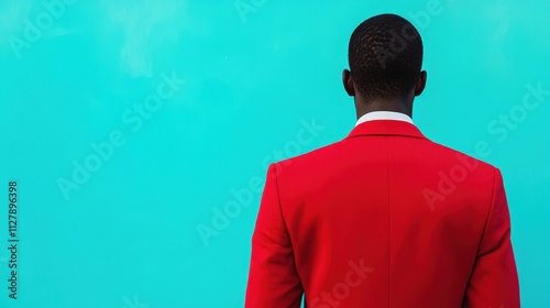 Creative individual in vivid crimson attire standing boldly before cool cyan abstract background, sharp contours and striking color relationships for visual drama