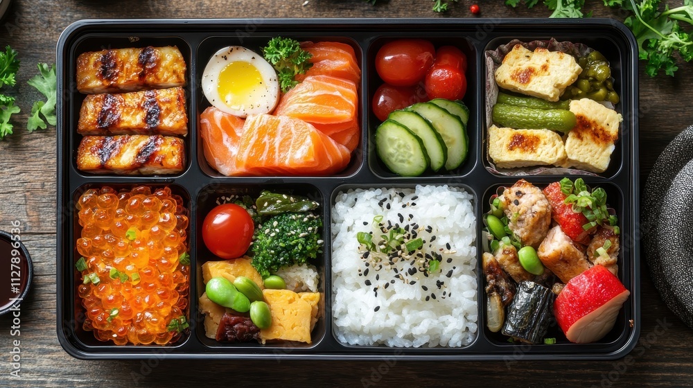 Delicious Japanese Bento Box with Fresh Sushi, Rice, and Colorful Vegetables on a Rustic Wooden Table Delicious Japanese Bento Box with Fresh Sushi, Rice, and Colorful Vegetables on a Rustic Wooden Table