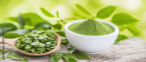 Ancient Moringa leaves, highlighting their potent antioxidant properties and health-boosting qualities, surrounded by fresh green nature, sunlit ambiance, and healthy lifestyle imagery