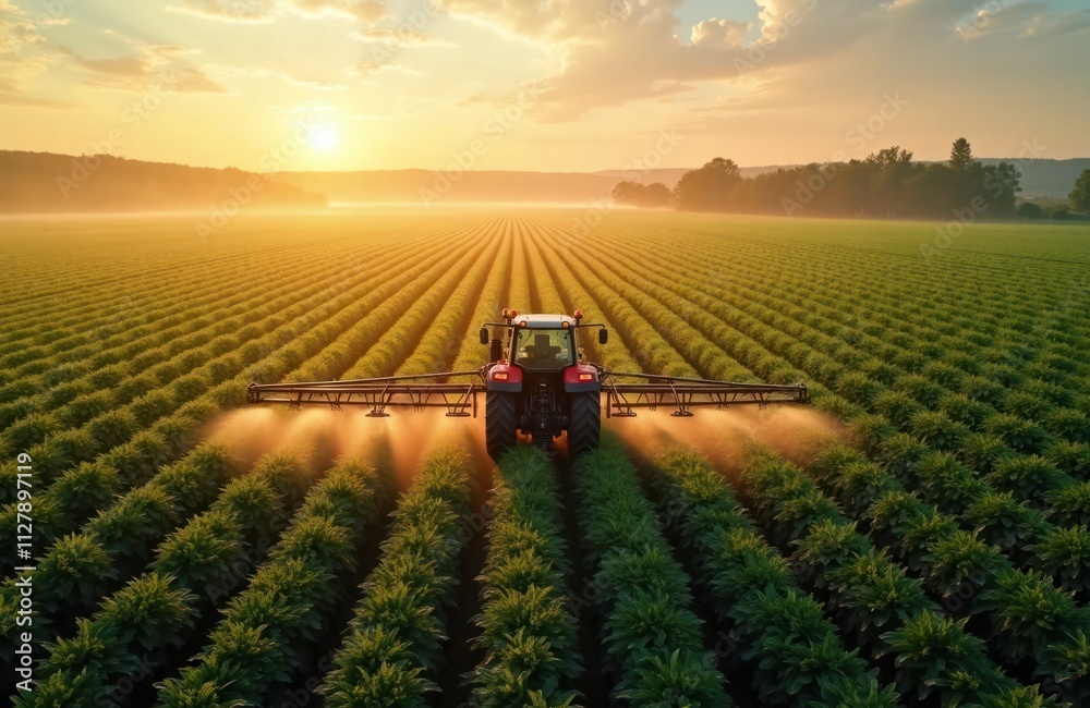 Fototapeta premium Aerial view of tractor spraying pesticides on vast soybean field. Precise rows create mesmerizing patterns. Misty spray catches morning sunlight. Modern agriculture emphasized by scale of operation.
