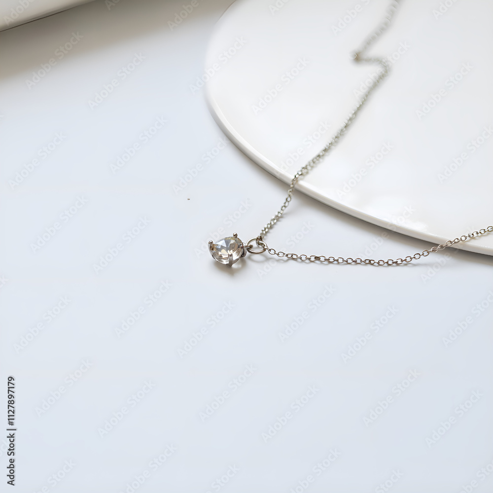 Delicate silver necklace with a sparkling pendant on a minimalist background, photography of still life concept. Delicate silver necklace with a sparkling pendant on a minimalist background, photography of still life concept.