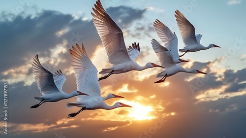 A clean white-style image of A photorealistic image of a flock of birds migrating. 