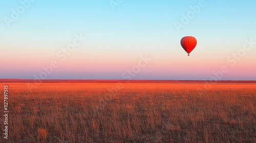 A hot air balloon drifting effortlessly in boundless skies, untouched by gravity, journeying toward the horizon, filled with hope and freedom
