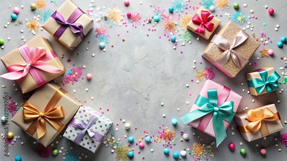 Festive Celebration An Array of Wrapped Gifts with Colorful Confetti and Sweets Festive Celebration An Array of Wrapped Gifts with Colorful Confetti and Sweets