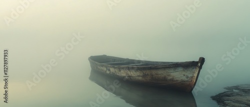 Abandoned boat drifting away in foggy water, faded and weathered, portraying the impermanence of human creations