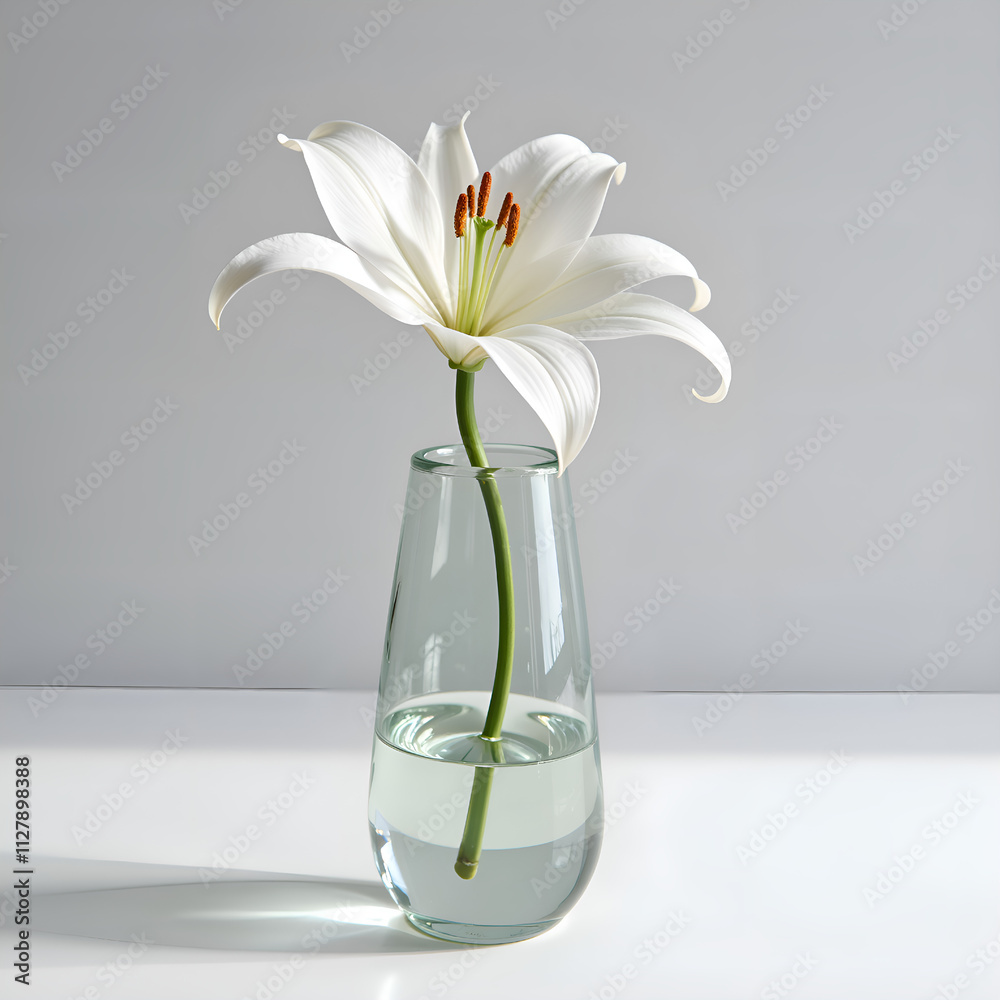 A singular white lily in a clear glass vase against a soft background, photography of still life concept. A singular white lily in a clear glass vase against a soft background, photography of still life concept.