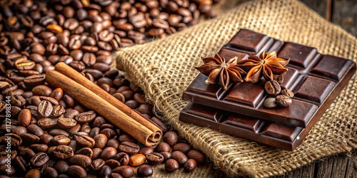 Dark Chocolate Bars, Coffee Beans, Cinnamon Sticks, and Star Anise on Burlap