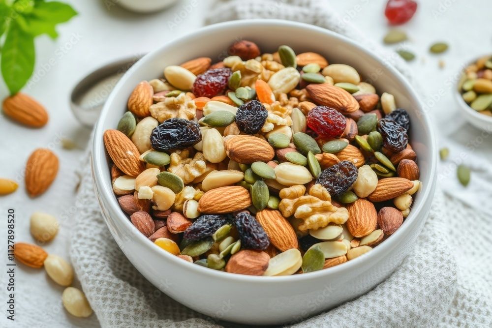 Nutrient-packed bowl of mixed nuts seeds and dried fruits for optimal nutrition kitchen setting healthy snack close-up view wellness concept Nutrient-packed bowl of mixed nuts seeds and dried fruits for optimal nutrition kitchen setting healthy snack close-up view wellness concept