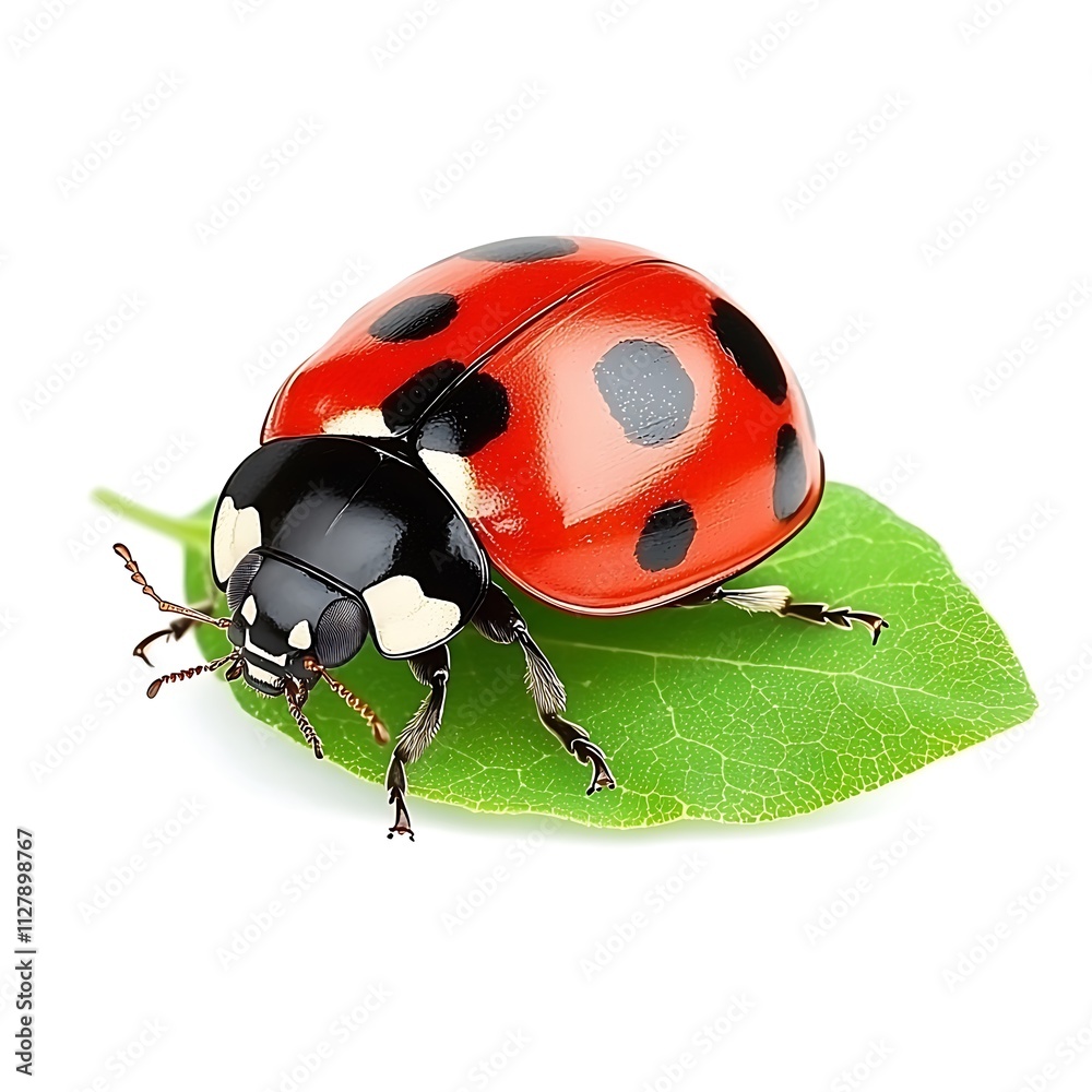 A clean white-style image of A photorealistic image of a ladybug on a leaf. A clean white-style image of A photorealistic image of a ladybug on a leaf.