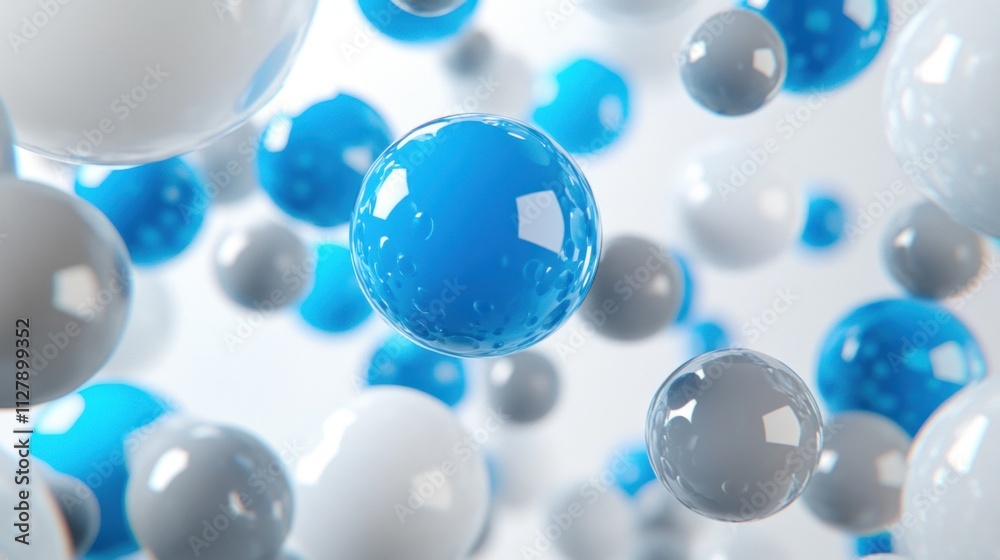 Abstract background with floating glossy spheres in blue, white, and gray. Abstract background with floating glossy spheres in blue, white, and gray.