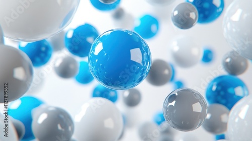 Abstract background with floating glossy spheres in blue, white, and gray.