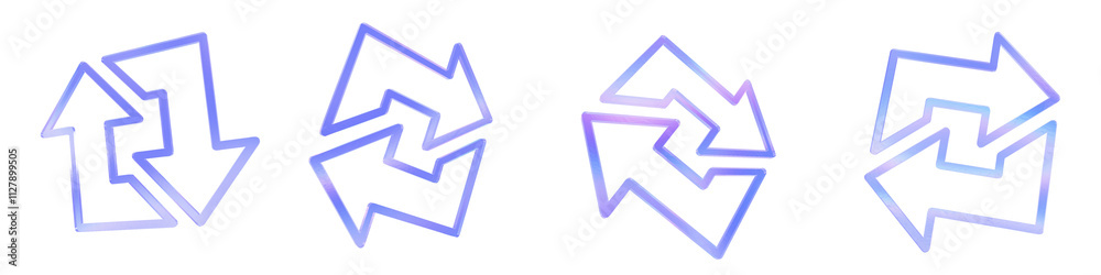 Set of 4 3d glass combine 2 outline arrows shape with aberration effect isolated on a transparent background. Blue tone. 3d transparent elements for graphic design. Set of 4 3d glass combine 2 outline arrows shape with aberration effect isolated on a transparent background. Blue tone. 3d transparent elements for graphic design.
