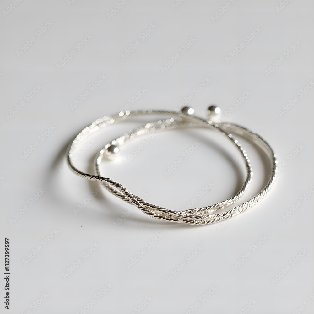 Intricately woven silver bracelets on minimalist background capturing light and texture, photography of still life concept.