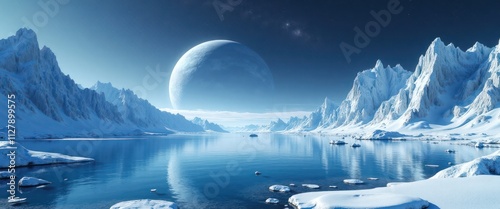 Fototapeta Naklejka Na Ścianę i Meble -  Frozen lake reflects surreal ice mountains. Distant gas giant hovers over alien planet. Stunning landscape evokes icy wonderland. Calm water mirrors peaks. Snowy ground surrounds lake. Nature scene.